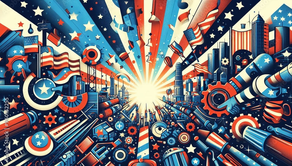 Fototapeta premium An abstract patriotic design featuring red, white, and blue elements, including stars, stripes, and cityscapes, radiating outward from a central point of light.