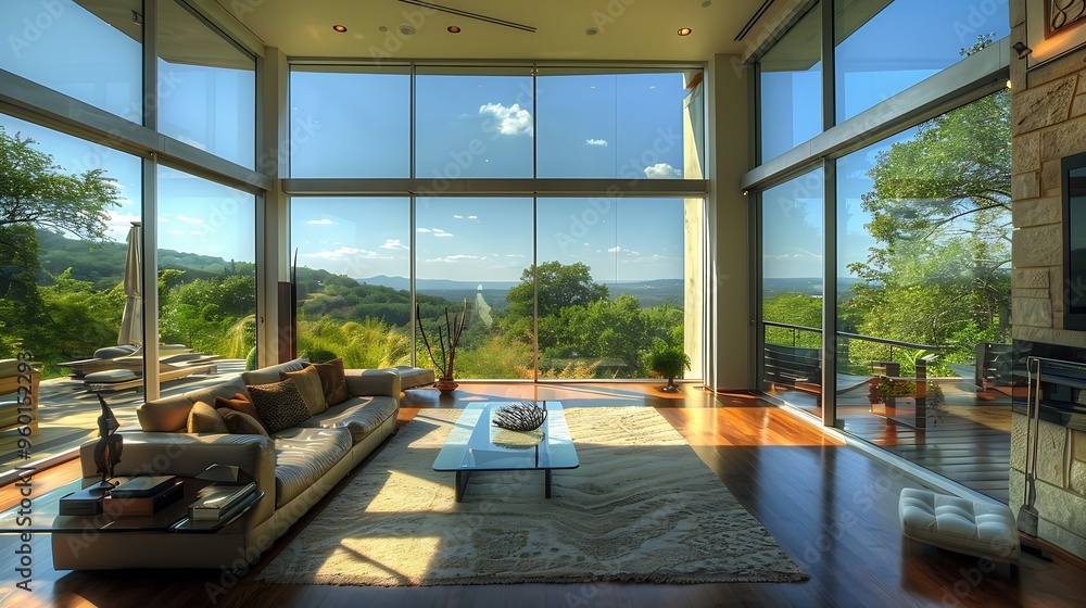 Fototapeta premium Write about the modern elegance of a living room with floor-to-ceiling windows 