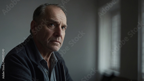 Depressed middle-aged man on dark background. emotional depth of depression, Mental health concept, side face view.