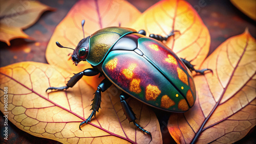 A Vibrant Beetle on a Bed of Autumn Leaves photo