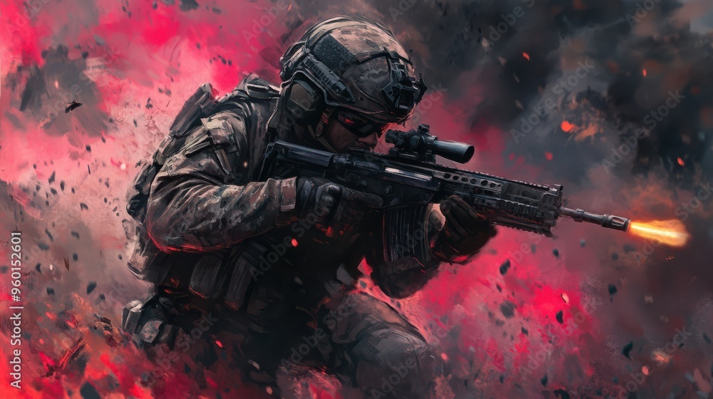 A soldier actively engaged in action during a mission. A soldier actively engaged in action during a mission.
