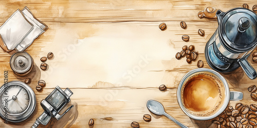 Watercolor illustration of coffee cup and coffee making equipment forming a border on wooden background