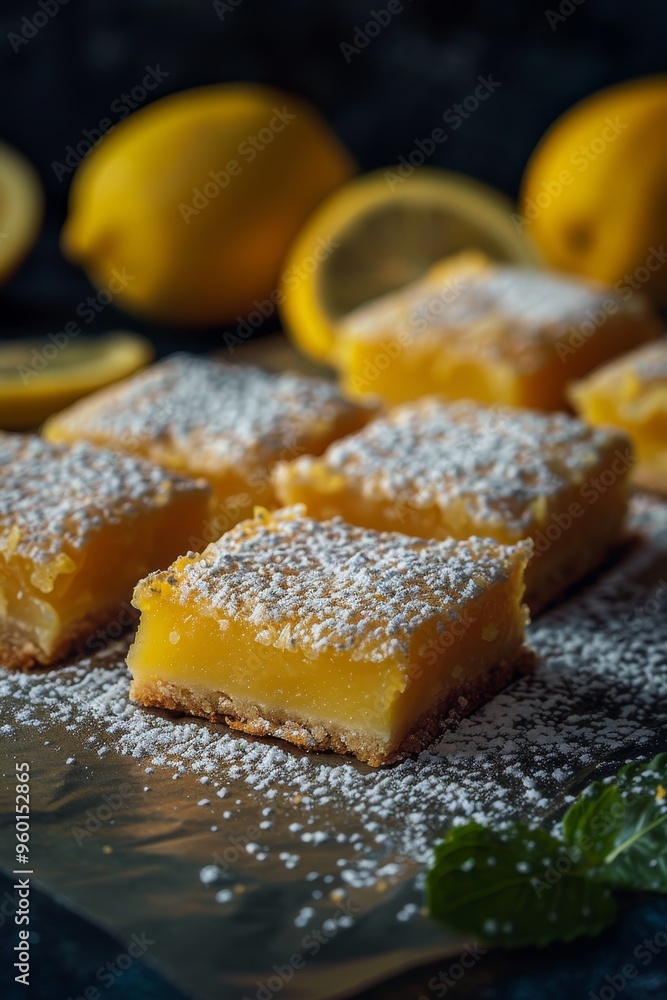 Freshly baked lemon bars with powdered sugar Freshly baked lemon bars with powdered sugar
