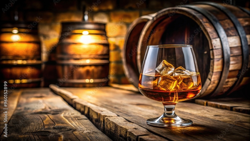 Glass of brandy with ice served in a rustic distillery basement Glass of brandy with ice served in a rustic distillery basement
