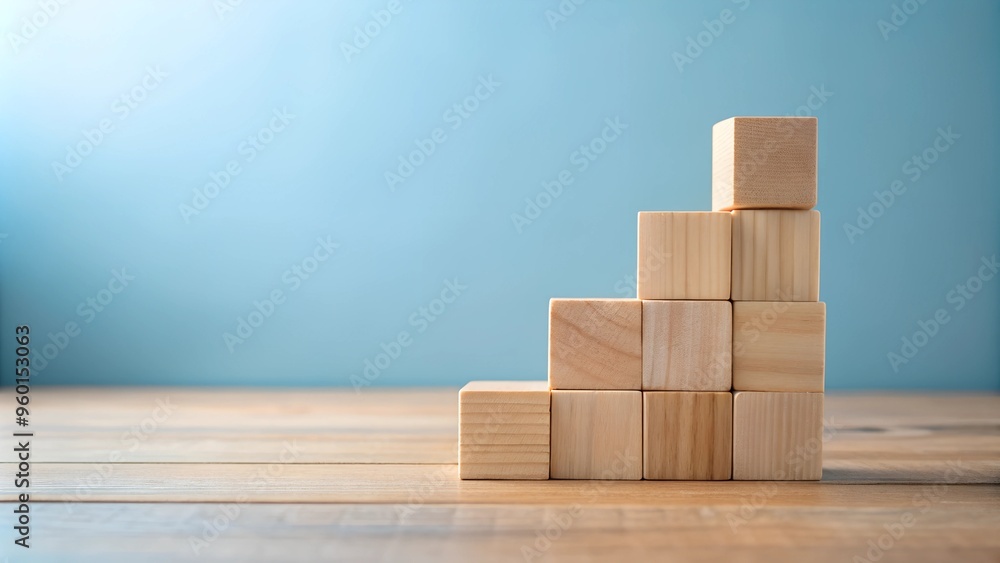 Construction of wooden blocks on wooden floor. Wooden cube blocks, empty space on blue background Construction of wooden blocks on wooden floor. Wooden cube blocks, empty space on blue background