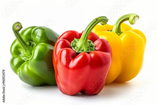 Three colorful bell peppers displayed together on a white background © Ilia K