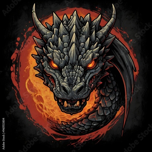 Fire Shield Dragon illustration. design for t-shirts, posters, stickers, web. generative ai photo