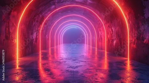 3d render, abstract pink blue gradient, neon lines glowing in the dark, with floor reflection, inside the black room