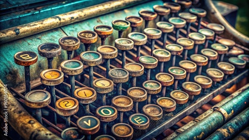 Vintage-style distressed typewriter keys with worn-out font and faded colors evoke a nostalgic sense of classic literature and bygone eras of manual writing. photo