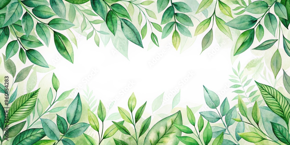 Fototapeta premium Watercolor background of green leaves perfect for invitations