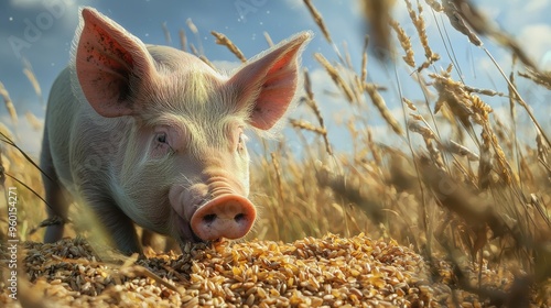 pig eating Rice bran photo