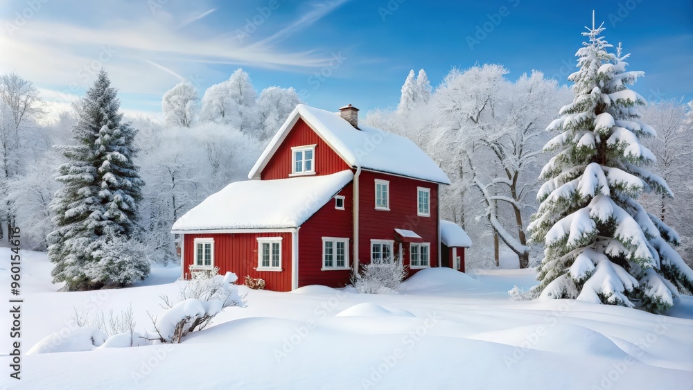 Beautiful red house covered in fresh snow during winter Beautiful red house covered in fresh snow during winter