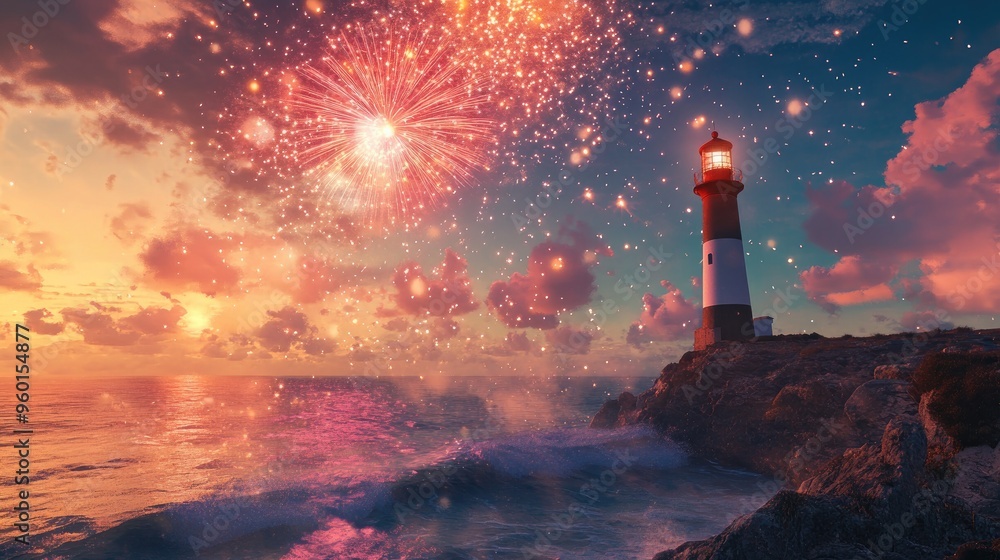 Obraz premium bursting over a coastal lighthouse, with the ocean waves crashing below
