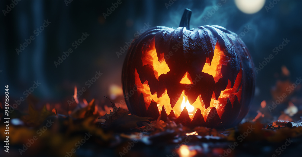 Close-up of a pumpkin with an intimidating face carved out, with a candle burning inside. There may be leaves scattered around and a blurry night with a full moon in the distance Close-up of a pumpkin with an intimidating face carved out, with a candle burning inside. There may be leaves scattered around and a blurry night with a full moon in the distance