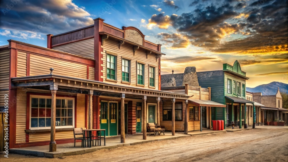 Western town saloon with diverse businesses including a barber shop, general store, and poker room Western town saloon with diverse businesses including a barber shop, general store, and poker room