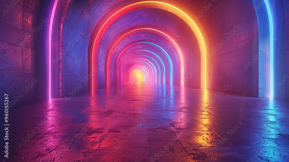 3d render, abstract pink blue gradient, neon lines glowing in the dark, with floor reflection, inside the black room 3d render, abstract pink blue gradient, neon lines glowing in the dark, with floor reflection, inside the black room