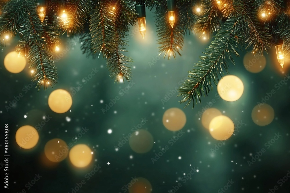 Christmas tree branches with garland lights on bokeh background. Christmas tree branches with garland lights on bokeh background.