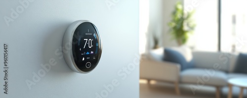 High-key 3D render of a smart thermostat on a modern living room wall enhancing home automation and energy efficiency