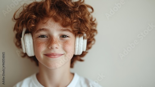 A young boy with curly hair and freckles is wearing white headphones and smiling at the camera, expressing a joyous and carefree moment in a simple setting. photo