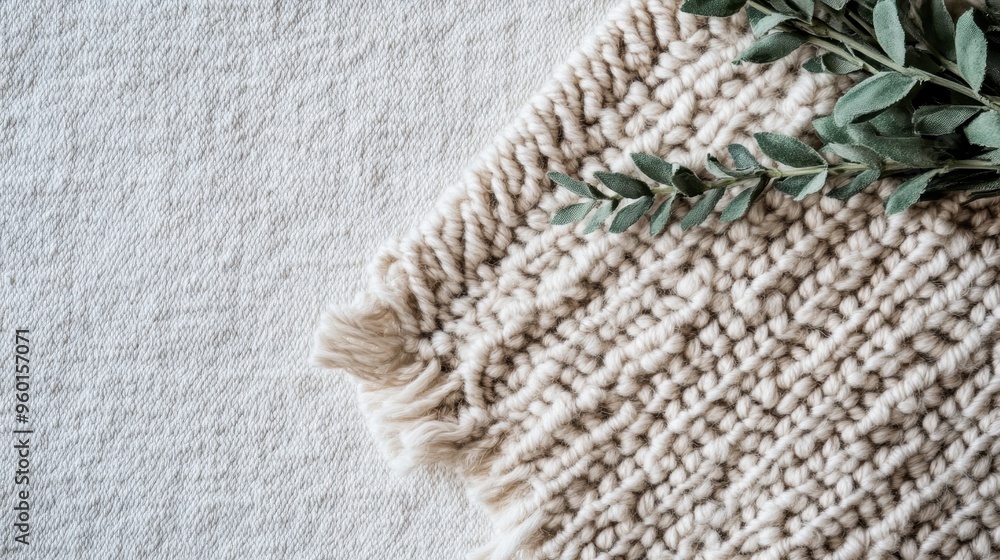 A beige handmade knitted rug is shown with greenery placed on its top corner. The texture and craftsmanship of the rug are clearly visible. A beige handmade knitted rug is shown with greenery placed on its top corner. The texture and craftsmanship of the rug are clearly visible.