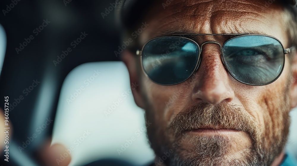 A serious-looking man with a beard and wearing reflective sunglasses is seen up close, driving a vehicle, the image being sunlit and showcasing determination and focus. A serious-looking man with a beard and wearing reflective sunglasses is seen up close, driving a vehicle, the image being sunlit and showcasing determination and focus.