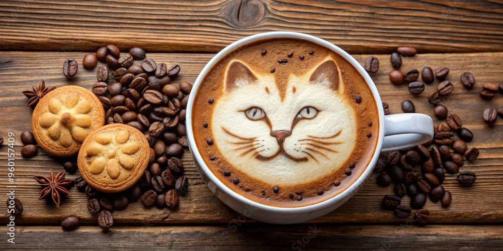 Cat foam face latte art with coffee beans, biscuits on wooden table Cat foam face latte art with coffee beans, biscuits on wooden table