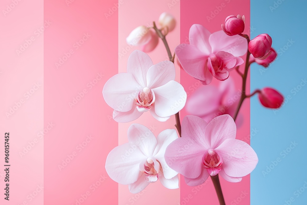 Fototapeta premium Orchid flowers bloom against a backdrop of pink and blue stripes, creating a beautiful and vibrant floral display.