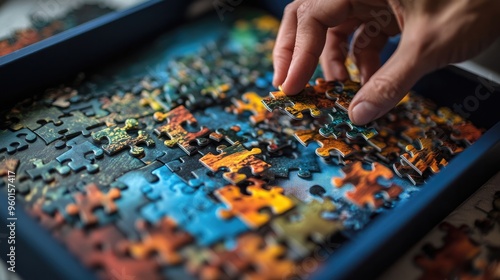 A jigsaw puzzle box lid showing the finished image, with pieces being assembled next to it photo