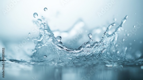 An abstract image capturing the elegance of a water splash, highlighting the beauty and details of individual droplets against a serene blue background, evoking calm and freshness.