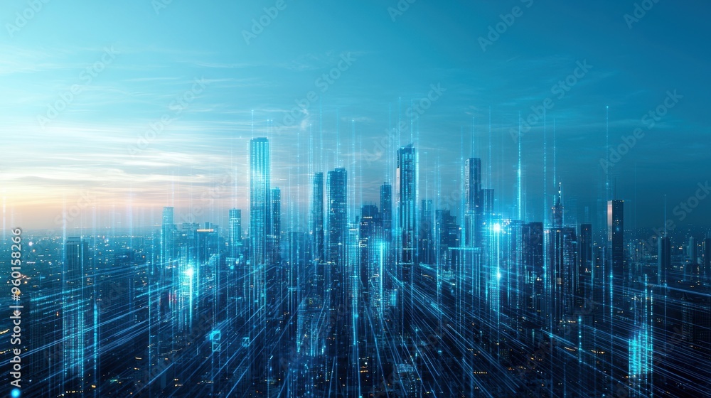 Smart City Skyline A city skyline with each building connected by glowing data streams symbolizing a networked metropolis Smart City Skyline A city skyline with each building connected by glowing data streams symbolizing a networked metropolis