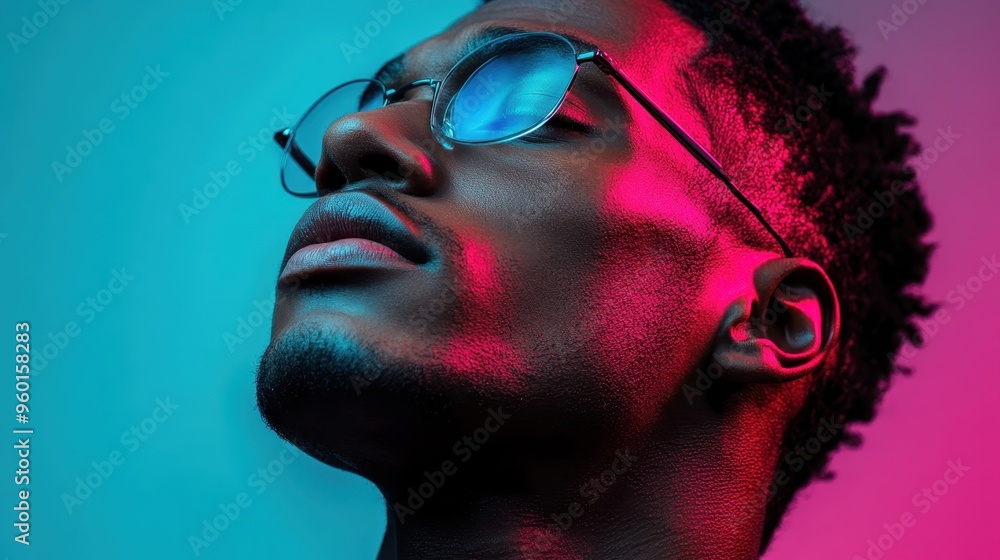 The image captures a person's profile immersed in vibrant neon blue and pink lighting, evoking a sense of modernity and energetic ambiance with striking color contrasts. The image captures a person's profile immersed in vibrant neon blue and pink lighting, evoking a sense of modernity and energetic ambiance with striking color contrasts.