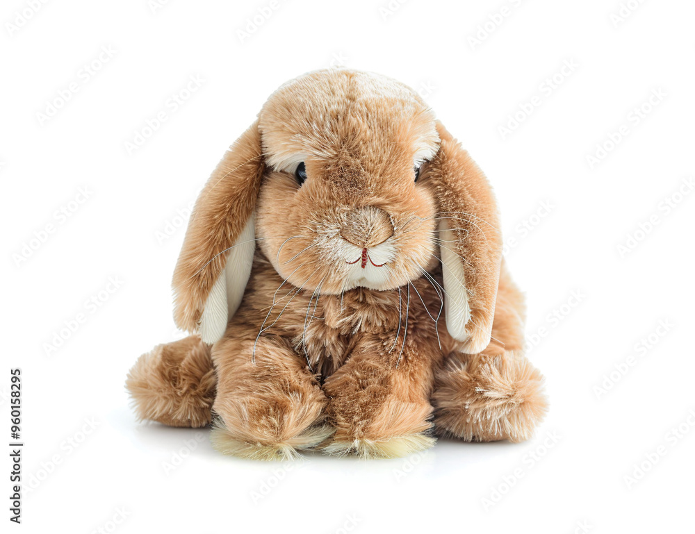Fototapeta premium Soft toy bunny features fluffy fur on white background