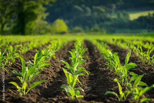 Neat rows of young crops sprouting in a well-maintained agricultural field surrounded by lush green landscape.