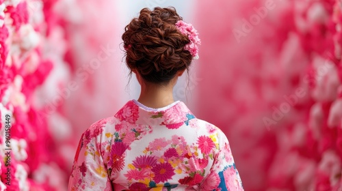 A woman with an intricate hairstyle adorned with a flower stands in a floral kimono, surrounded by vibrant pink flowers, creating a serene, enchanting atmosphere. photo