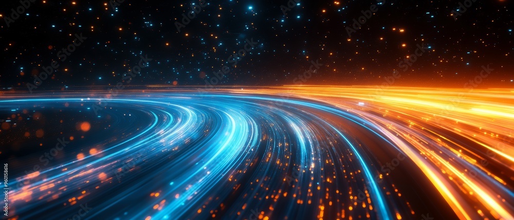 Obraz premium A dynamic and vibrant abstract representation of light trails in blue and orange hues against a starry background, evoking a sense of motion and energy