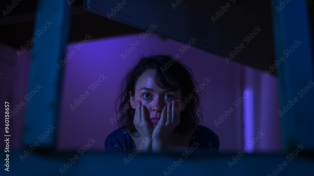 A portrait of a woman sitting in front of a window with her hands on her face, creating an eerie, creepy vibe A portrait of a woman sitting in front of a window with her hands on her face, creating an eerie, creepy vibe