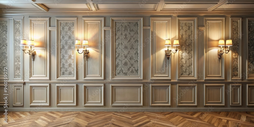 Formal interior wall with elegant wallpaper, sconces, and paneling Formal interior wall with elegant wallpaper, sconces, and paneling
