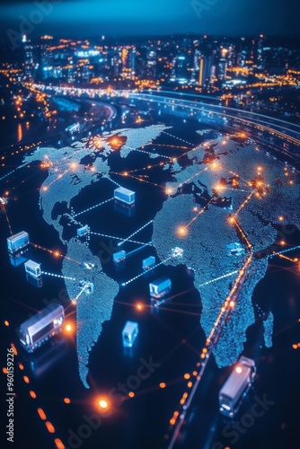 A digital representation of a global network interconnecting cities with data points, trucks, and glowing connections against a backdrop of urban lights