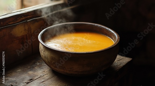 Steaming Bowl of Orange Soup on Rustic Wooden Surface photo