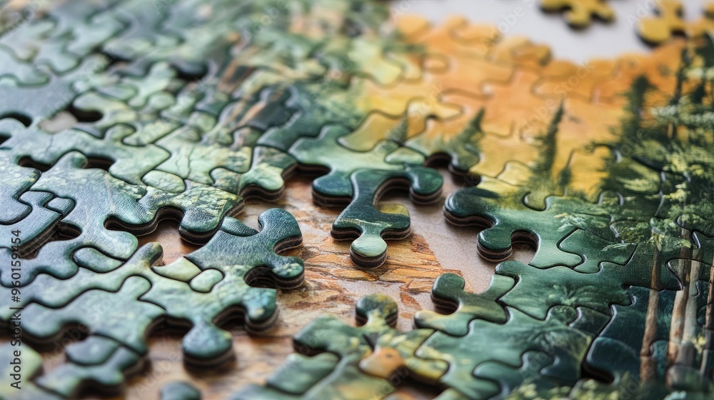 Jigsaw puzzle pieces in shades of green and brown, forming a forest scene as they come together Jigsaw puzzle pieces in shades of green and brown, forming a forest scene as they come together