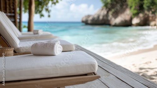 A breathtaking luxurious beach setting featuring pristine white loungers lined up against a vibrant turquoise sea and a clear sky, perfect for relaxation and serenity.