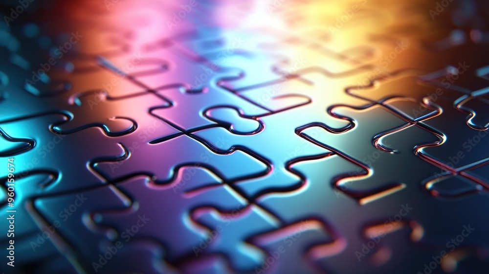 Jigsaw puzzle pieces with a metallic sheen, reflecting light as they fit together Jigsaw puzzle pieces with a metallic sheen, reflecting light as they fit together