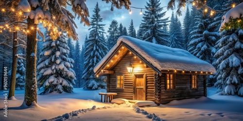 Wooden cabin in snowy forest with twinkling lights outside on Christmas Eve