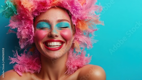 A joyful woman with vibrant pink feathers adorning her head smiles widely against a blue background, exuding happiness and colorful exuberance in this lively portrait.