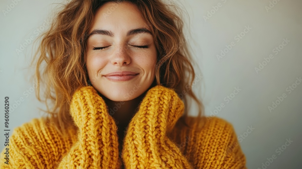 A serene woman wearing a cozy yellow sweater closes her eyes, smiling contentedly against a neutral background, embodying warmth, comfort, and a sense of inner peace. A serene woman wearing a cozy yellow sweater closes her eyes, smiling contentedly against a neutral background, embodying warmth, comfort, and a sense of inner peace.