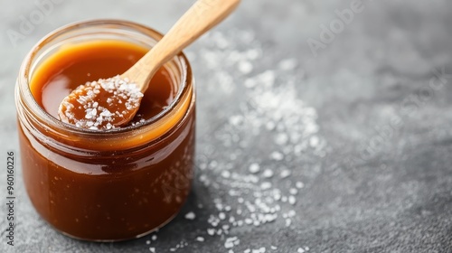 A close-up shot of a jar filled with rich caramel sauce, topped with flaky sea salt, sitting on a dark textured surface, highlighting the sauce's smooth and glossy texture.