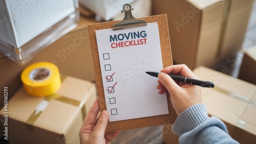 A person holding a moving checklist, with several checked items, surrounded by moving boxes and packing materials