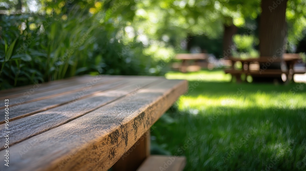 A picnic table situated in a garden area, surrounded by lush greenery, with soft sunlight filtering through, providing a serene and tranquil outdoor setting. A picnic table situated in a garden area, surrounded by lush greenery, with soft sunlight filtering through, providing a serene and tranquil outdoor setting.