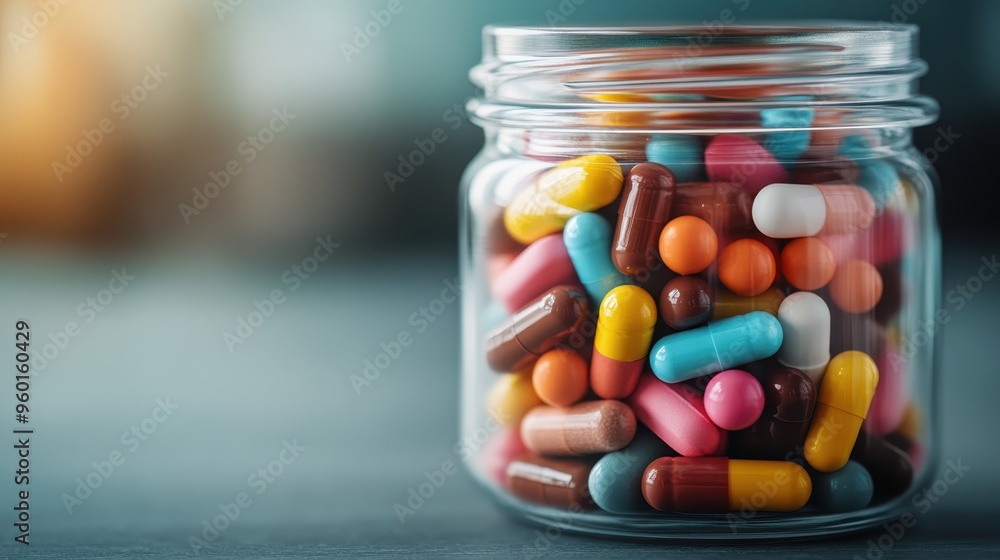 A transparent jar filled with an assortment of colorful pills, set against a softly blurred blue background, emphasizing the diverse selection of pharmaceutical products. A transparent jar filled with an assortment of colorful pills, set against a softly blurred blue background, emphasizing the diverse selection of pharmaceutical products.