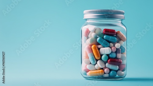 A clear glass jar filled with a variety of colorful pills, captured against a light blue background. This image highlights the diversity of medication forms and colors.